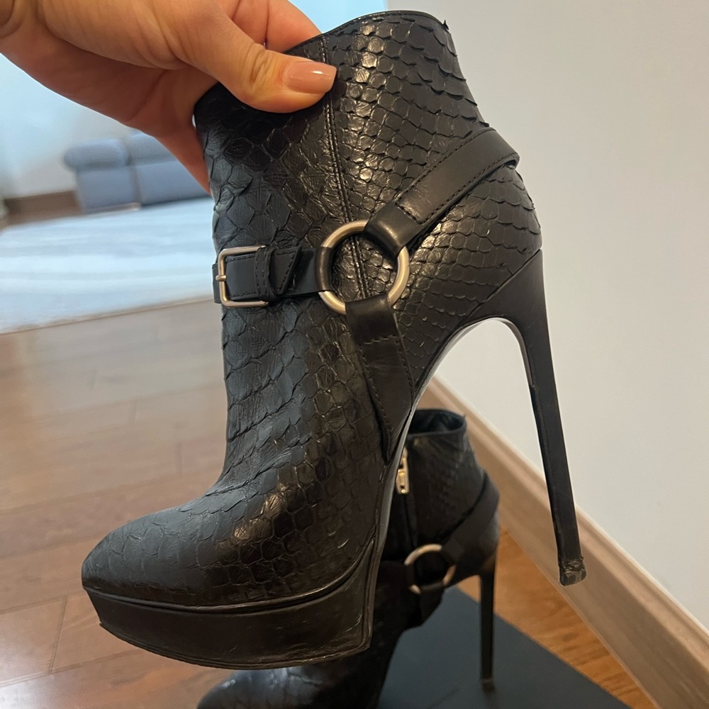 Saint Laurent Black Heeled Boots with Ankle Strap